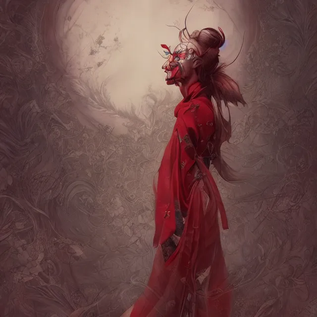 Image similar to ultra realistic illustration, beautifulwoman dressed in red kimono, backview, tattoos, in the style of peter mohrbacher by weta digital and beth cavener, high face symmetry, intricate, masterpiece, award winning, high face symmetry, intricate