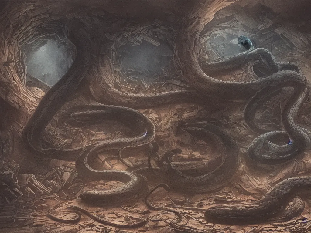 Prompt: A dark room with a large colored snake in the center of it. High detailed, very beautiful matte painting.