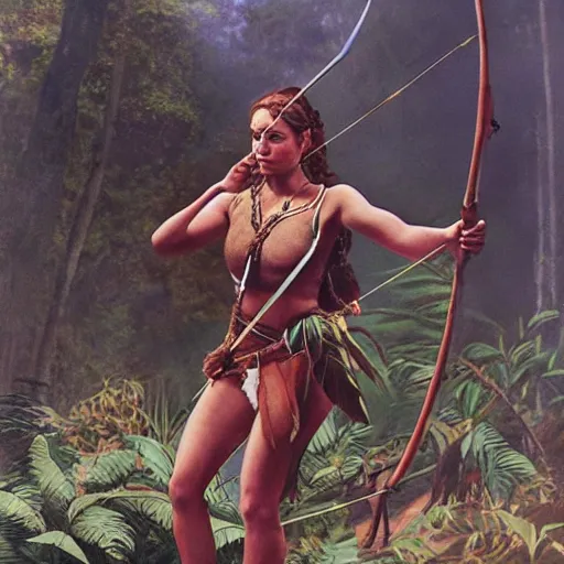 Prompt: film still of a female heroine in the jungle hunting with bow and arrow, by tori seubert, realistic