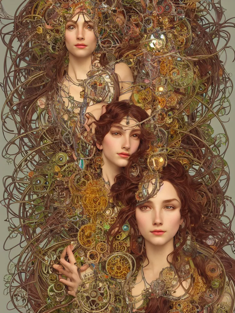 Image similar to a centered beautiful tribal goddesses is surrounded by intertwining bio - mech tendrils made of machine and robot parts and gemstones and leaves and feathers, full body, gorgeous face, perfect face, powerful, by alphonse mucha and justin gerard and james jean, 3 d, cinema 4 d render, trending on artstation, octane render, 8 k