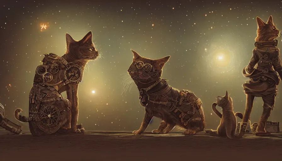 Image similar to steampunk cat and steampunk dog looking at the stars at night, stardusts, back view, hyperdetailed, artstation, cgsociety, 8 k