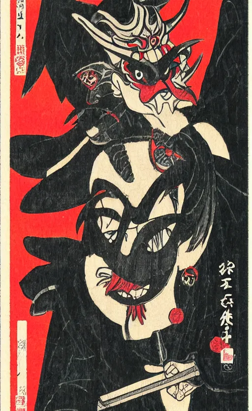 Prompt: by akio watanabe, manga art, portrait of tengu masked demon, dark festival, trading card front