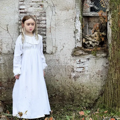 Prompt: a girl in a white cotton dress stands outside a decaying georgian farmhouse. an apple tree. folk horror