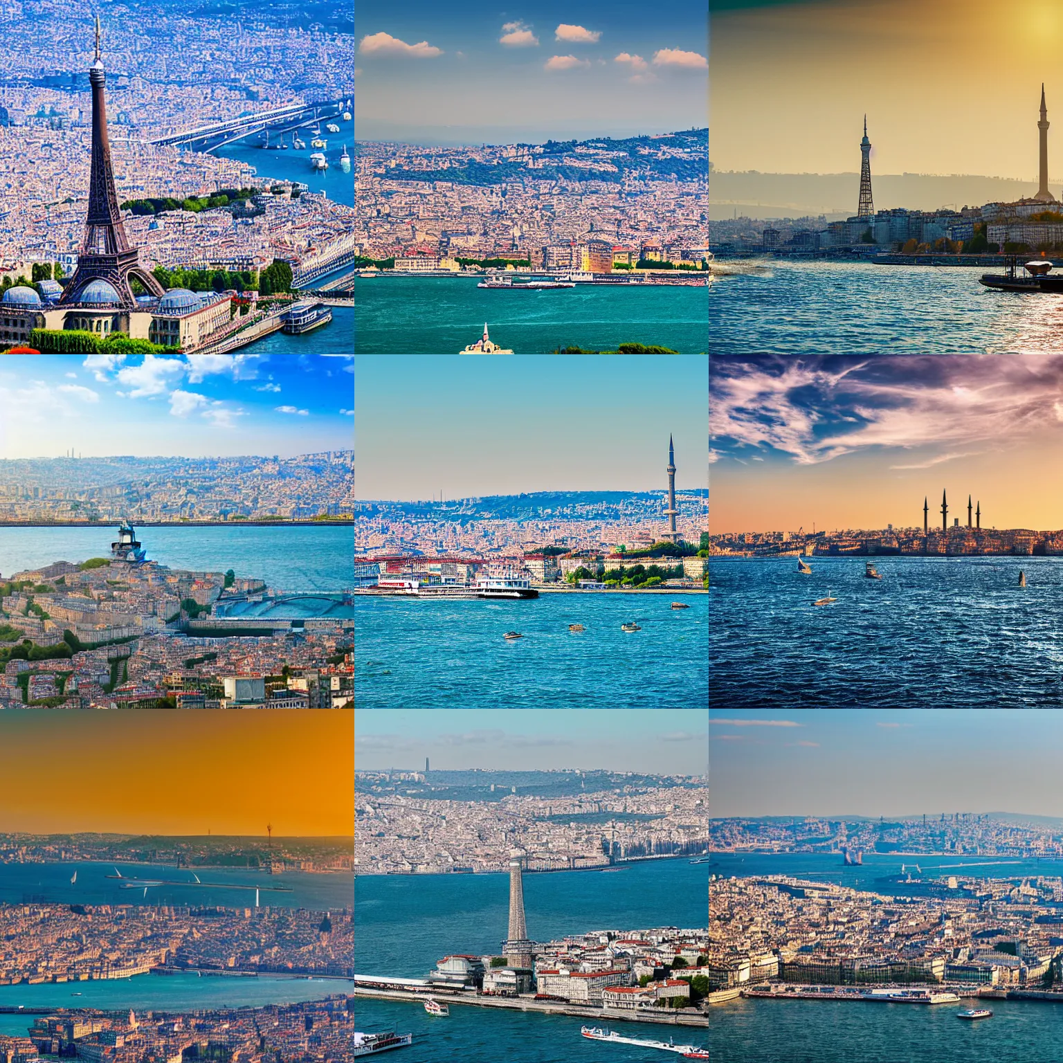 Prompt: The eiffel tower visible on a panorama picture of the Istanbul bosphorus, in a sunny day, HD