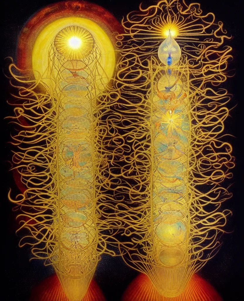 Image similar to a golden child radiates a unique canto'as above so below'while being ignited by the spirit of haeckel and robert fludd, breakthrough is iminent, glory be to the magic within, in honor of saturn, painted by ronny khalil