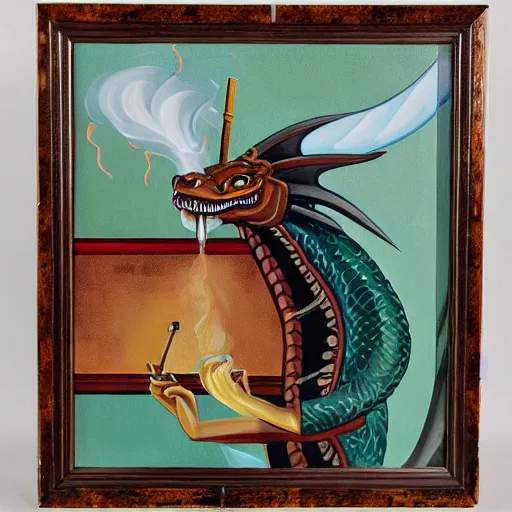 Prompt: art deco oil painting of a dragon smoking a cigar, intricate furniture