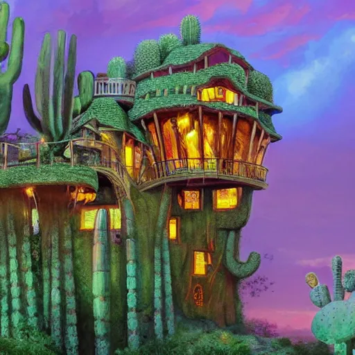 Prompt: fancy treehouse mansion built in a giant cactus on top of a cliff overlooking the grand canyon detailed 4k magical realism luminescent painting