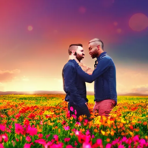 Prompt: a gay couple in their 30s together in a field of flowers at sunset, realistic, intricate, 4k