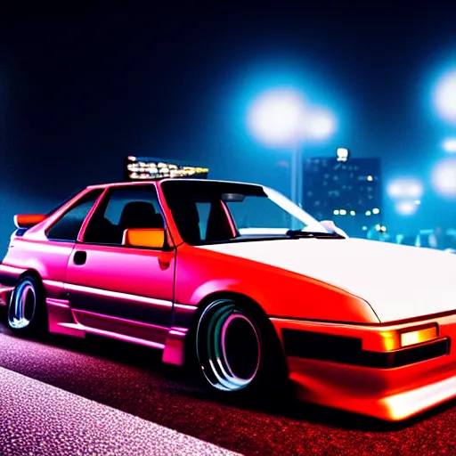 Image similar to a car 90's JDM turbo at illegal car meet, Saitama prefecture, city midnight mist lights, cinematic color, photorealistic, highly detailed, 200MM