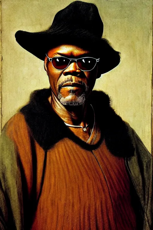 Prompt: high quality celebrity portrait of samuel l jackson, painted by the old dutch masters, rembrandt, hieronymous bosch, frans hals, symmetrical detail