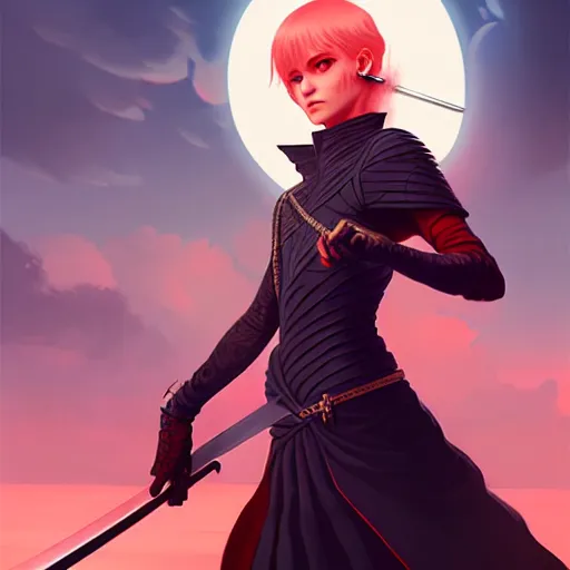 Image similar to a woman holding a sword with a dragon on it, concept art by Ilya Kuvshinov, contest winner, fantasy art, official art, concept art, high detail, experimental, high quality, hyperrealistic, 4k