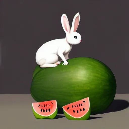 Prompt: a painting of a bunny and a watermelon, a storybook illustration by goro fujita, trending on cgsociety, pop surrealism, 2 d game art, storybook illustration, behance hd