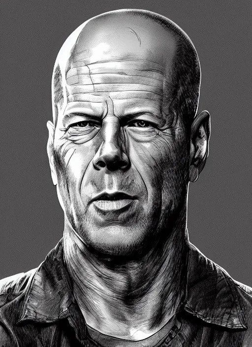 Image similar to highly detailed ink illustration of bruce willis, unreal engine, octane render, b & w clean shaped illustration by kim jung gi, ron english and eiichiro oda