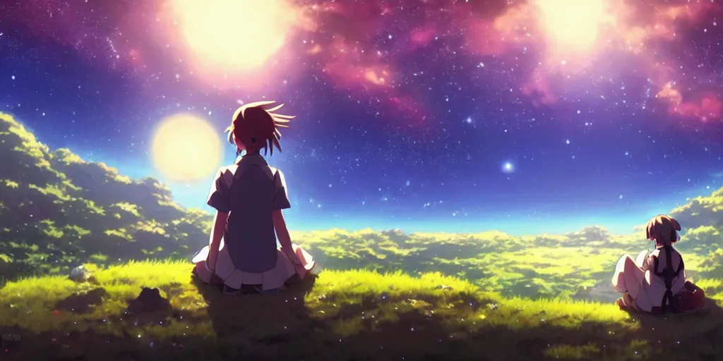 Image similar to a schoolgirl girl sat on the hillside and looked at the stars in the night sky, spectacular milky way, shining meteor, official media, anime key visual, detailed, artwork by makoto shinkai. - h 5 7 6