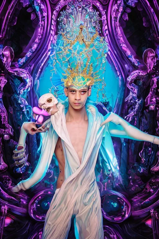 Prompt: full-body rococo and cyberpunk delicate neon crystalline sculpture of ((young muscular onyx albino prince Zayn Malik)) as an blue iridescent humanoid deity wearing ((peach plastic hooded cloak)) (holding a human skull) in a onyx castle dungeon, reclining, glowing pink face, crown of (pink lasers), large blue diamonds, swirling black silk fabric. futuristic elements. oozing glowing liquid, full-length view. space robots. intricate artwork by caravaggio. Trending on artstation, octane render, cinematic lighting from the right, hyper realism, octane render, 8k, depth of field, 3D