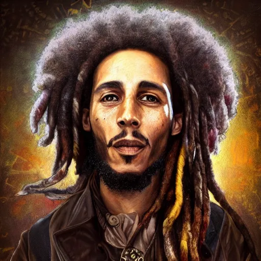 Image similar to steampunk portrait of bob marley, natural, hyper detailed, digital art, trending in artstation, cinematic lighting, studio quality, smooth render, unreal engine 5 rendered, octane rendered, art style by klimt and nixeu and ian sprigger and wlop and krenz cushart.