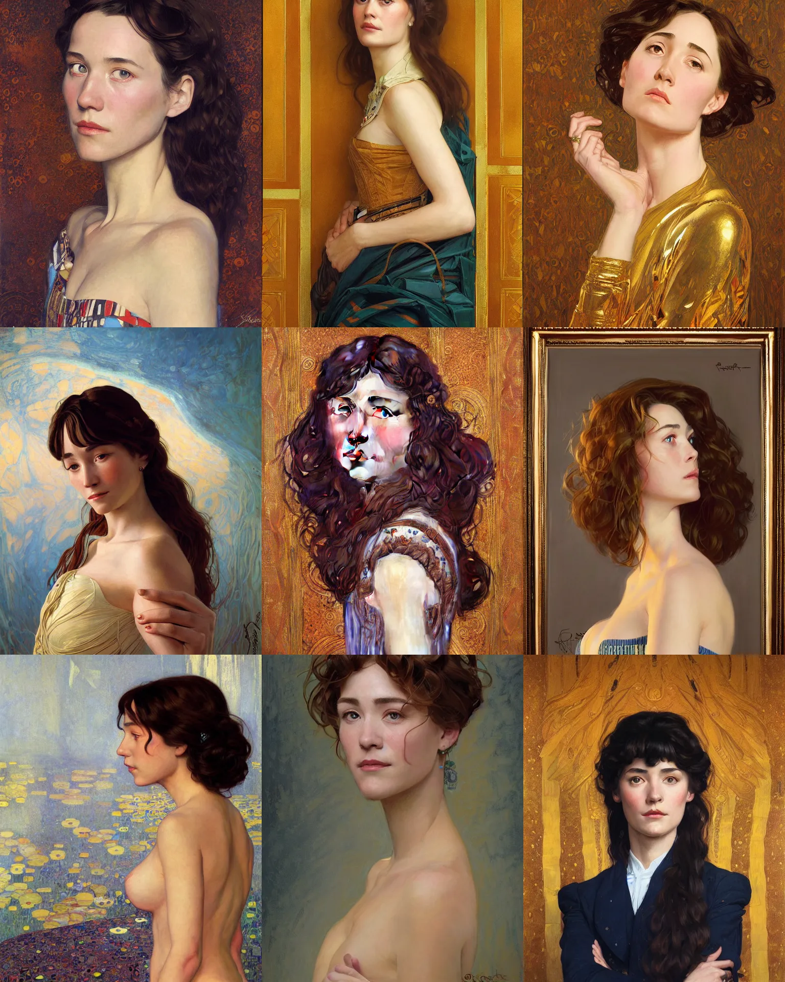 Prompt: sargent and leyendecker and greg hildebrandt gustav klimt highly profile portrait of a young sandrine holt with long hairs, stephen bliss, unreal engine, fantasy art by greg rutkowski, loish, rhads, wooden background, makoto shinkai, ilya kuvshinov, rossdraws, alphonse mucha, radiant light, detailed and intricate environment