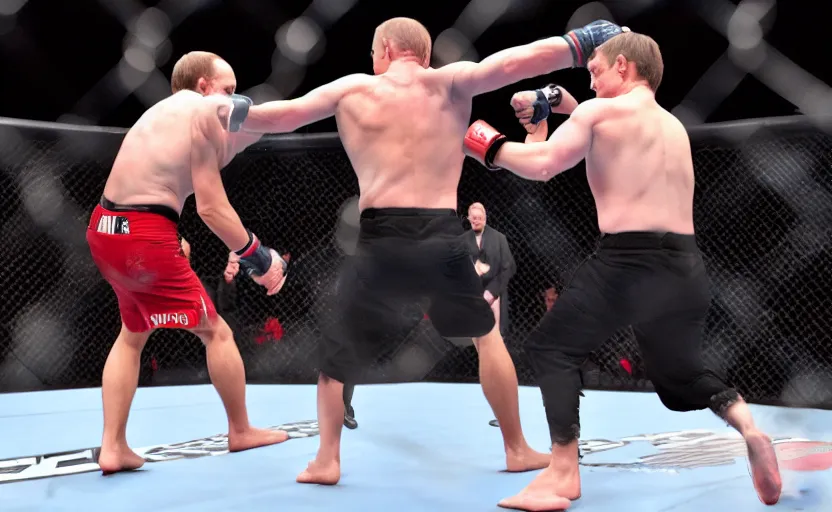 Image similar to Elon musk fighting Vladimir Putin in the MMA octagon, cinematic shot