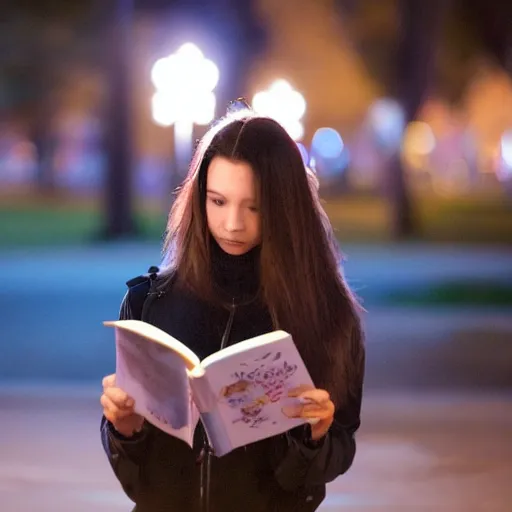 Prompt: a girl reading book, hair flowing down, city park, street lights, contrast, dramatic, by Noel Coypel