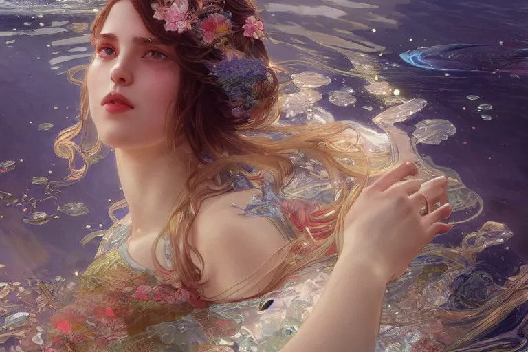 Image similar to painting of under the water, wearing beautiful clothes, hyper detailed cg rendering of a cute girl and whale, elegant, highly detailed, digital painting, artstation, concept art, smooth, sharp focus, illustration, art by artgerm and greg rutkowski and alphonse mucha, 8 k