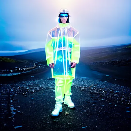 Image similar to an ultra high definition professional studio quality photograph of an artificial celebrity cyberpunk pop star wearing a transparent iridescent perspex pastel coloured face visor and matching raincoat on white coat hook in an icelandic black rock environment. dramatic lighting. volumetric shadows. light rays