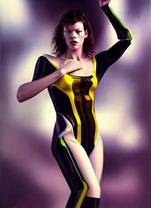 Image similar to young milla jovovich in a bodysuit, futuristic taxi, full body, far future, sharp focus, highly detailed, trending on artstation, intricate, painting by rutkowski