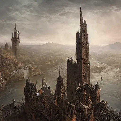 Image similar to a lonely and impossibly tall ominous gothic dark citadel tower of the evil patriarch, battlements, castle wall, portcullis, in a river elevated high above the city, flintlock fantasy capital city, scary gothic architecture, ultrawide lense, aerial photography, unreal engine, exquisite detail, 8 k, art by greg rutkowski and alphonse mucha