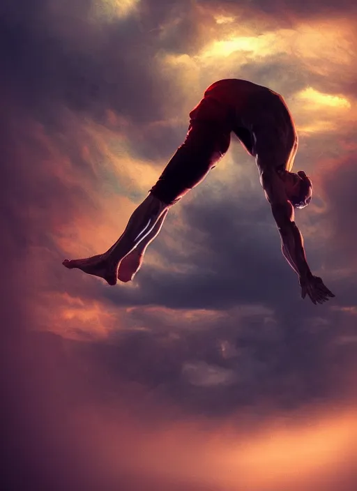 Prompt: male handstand, dramatic pose, flowing, detailed abstract world, wind, dramatic lighting, matte colors, bright paint, digital concept art trending on artstation, 4 k