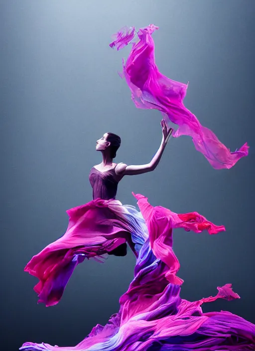 Image similar to a Photorealistic dramatic hyperrealistic render of a beautiful smoke dancer by Ken Brower and Deborah Ory of NYC Dance project,Lois Greenfield,Flowing cloth and smoke colourful acrylic ink drop art, Beautiful dynamic dramatic dark moody lighting,volumetric,shadows,cinematic atmosphere,Octane render,8K