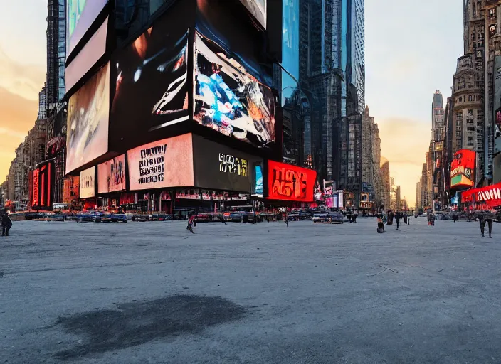 Image similar to film still of post apocalyptic empty time square at sunset, overgrown with wildlife walking through in the new sci - fi movie, 8 k