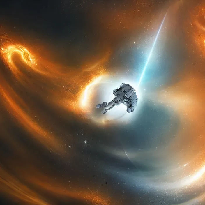 Image similar to an astronaut is falling inside a black hole and is bent into a vortex, volumetric lighting, interstellar, black hole light lensing, event horizon, digital art, wallpaper, 4 k