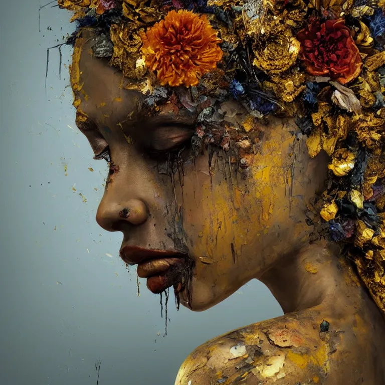 Image similar to A beautiful oil painting hyperrealism of a decayed black head, rotting black clay skin, gold flaked flowers, floral headdress, 8k resolution, octane render, Trending on artstation, by Gediminas Pranckevicius, volumetric light 2blue fractal Thunder glow by dan mumford, anaglyph effect, Laurie Lipton