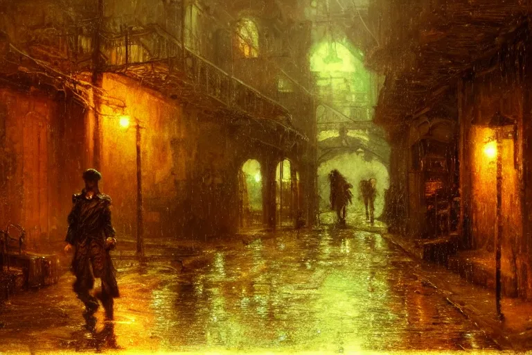 Image similar to An alleyway at night during rain, moody scene, highly detailed, intricate, sharp details, dystopian mood, 1950 scene by gaston bussiere, craig mullins, somber lighting, drawn by Giacomo Burattini, inspired by graphic novel cover art