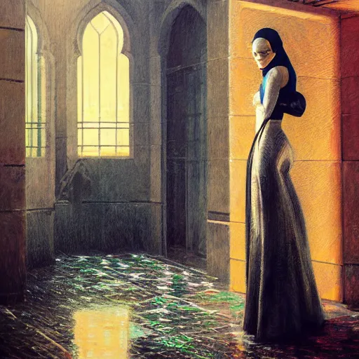 Image similar to detailed face of a woman, moment, courtyard, capital, cyberpunk mosque interior, control panel, watcher, omniscient, tech noir, wet reflections, impressionism, atmospheric, ambient, speed painting, livia prima, greg rutkowski, edward hopper