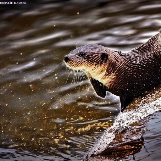 Image similar to steampunk mechanical otter in a river, sci - fi, wildlife photograph, national geographic, award - winning