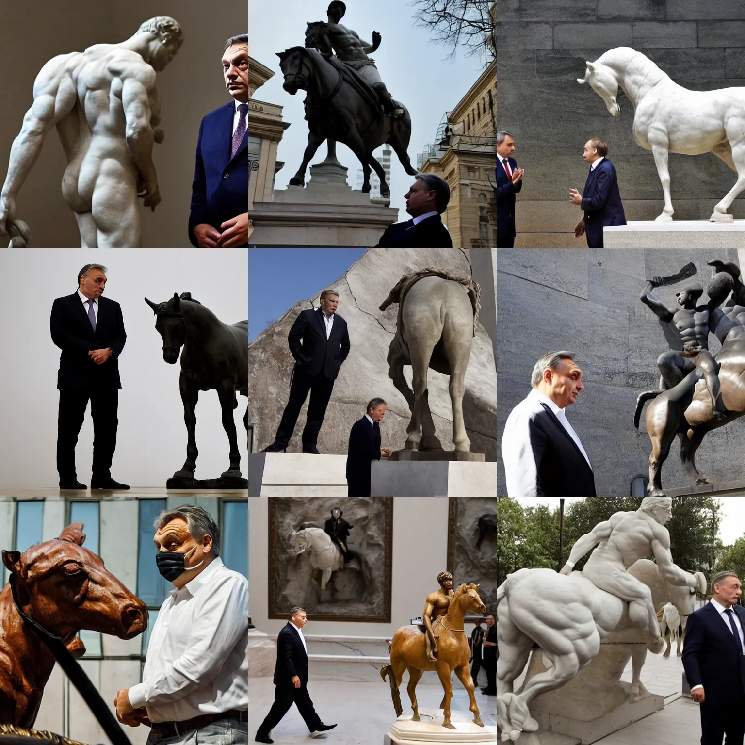 Prompt: viktor orban looking at the marble statue of half - naked putin on a horse, dramatic light