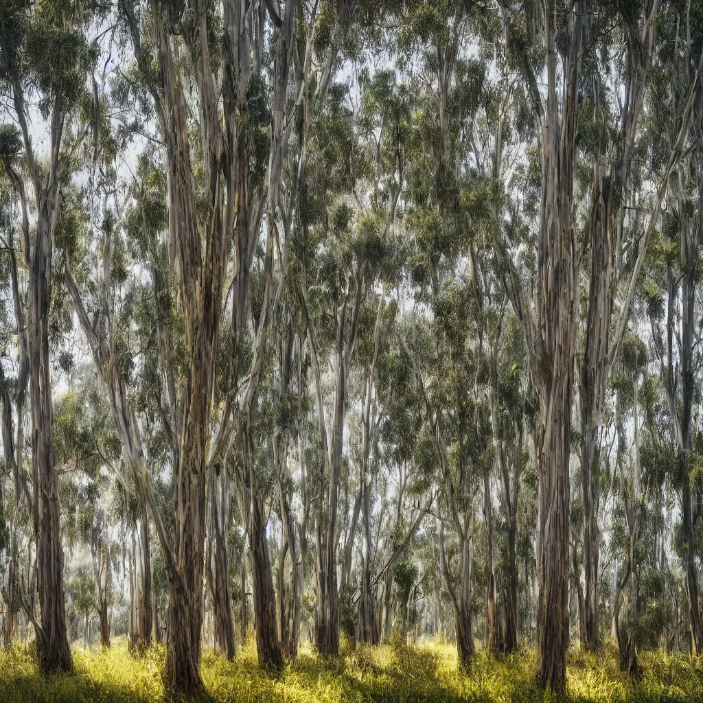 Image similar to long exposure photograph of eucalyptus trees, strong wind, back light, dslr, photographed by julie blackmon