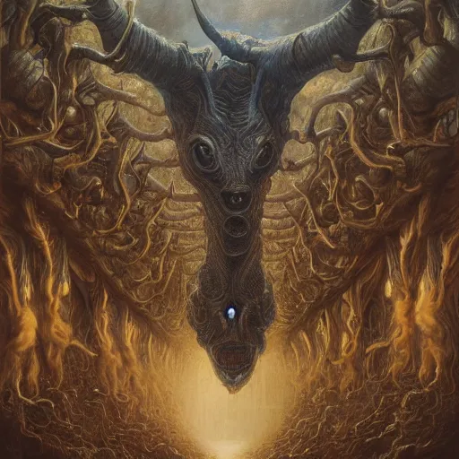 Image similar to a masterpiece! full body photographic portrait of an alien beast!! with seven heads!! and ten horns!! on a city street by gustave dore and sam spratt and allen williams, trending on artstation, cgsociety, 8 k hd, earthtone colors,