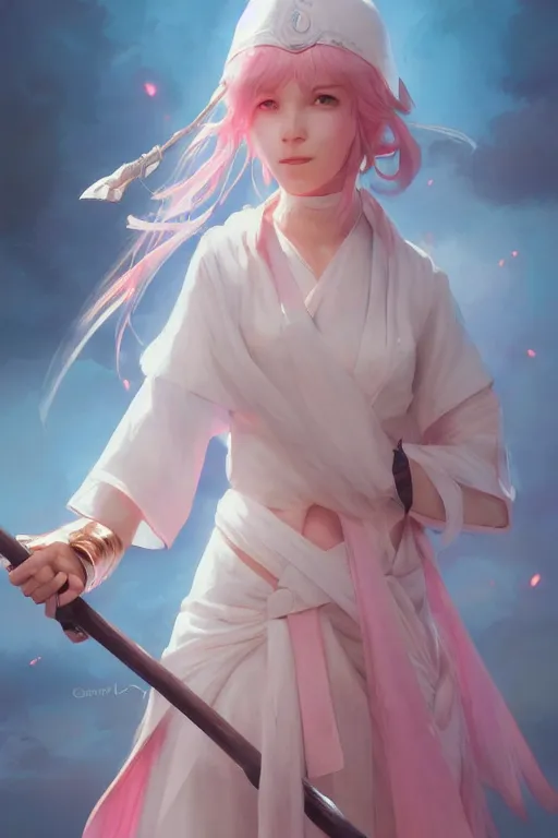 Prompt: portrait of a cute white mage girl with a staff in mage armor, soft, pink and blue, by tom bagshaw and atey ghailan and artgerm and and greg rutkowski, hyper realistic, octane render, trending on artstation