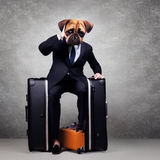 Image similar to a serious adult business man with dog head as head, suitcase in his hand, serious clothing, photography in studio, award winning photo