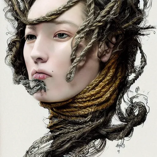 Image similar to portrait of a Shibari rope wrapped face and neck, headshot, insanely nice professional hair style, dramatic hair color, smoke in hair, digital painting, of a old 13th century, traveler, amber jewels, baroque, ornate clothing, scifi, realistic, hyperdetailed, chiaroscuro, concept art, art by Franz Hals and Jon Foster and Ayami Kojima and Amano and Karol Bak,