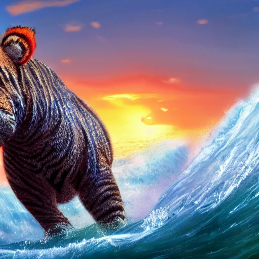 Image similar to a closeup photorealistic photograph of a cute smiling knitted tiger hippopotamus riding a large wave at sunset. surf in background. professional capture. brightly lit scene. this 4 k hd image is trending on artstation, featured on behance, well - rendered, extra crisp, features intricate detail, epic composition and the style of unreal engine.