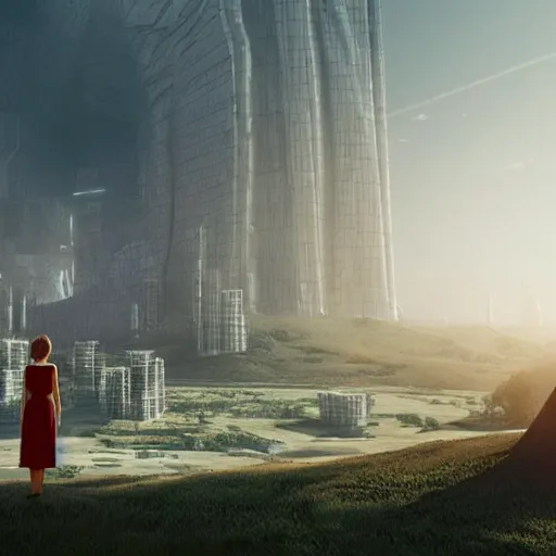 Image similar to “family standing on the hill looking at the futuristic city in the valley, a lot of future technologies, cinematic view, dramatic buildings, epic composition, octane render, unreal engine, 4k”