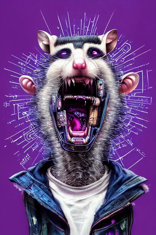 Image similar to a beautiful portrait of a cute cyberpunk opossum screaming by sandra chevrier and greg rutkowski and wlop, purple blue color scheme, high key lighting, volumetric light, digital art, highly detailed, fine detail, intricate, ornate, complex, octane render, unreal engine, photorealistic