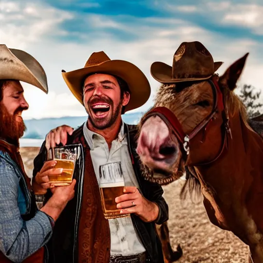 Image similar to epic portrait cinematic shot cowboy laughing and enjoy his drink of beer with friends, photography, realistic, detailed,