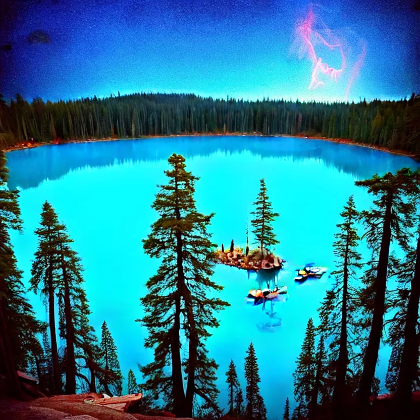 Prompt: a bright blue lake, above the lake is a glowing spirit, the spirit is illuminating a small boat in which there is a crying man, it's night time, the lake is surrounded by giant sequoias, in the sky is a comet, spiritual, magical, supernatural, digital art