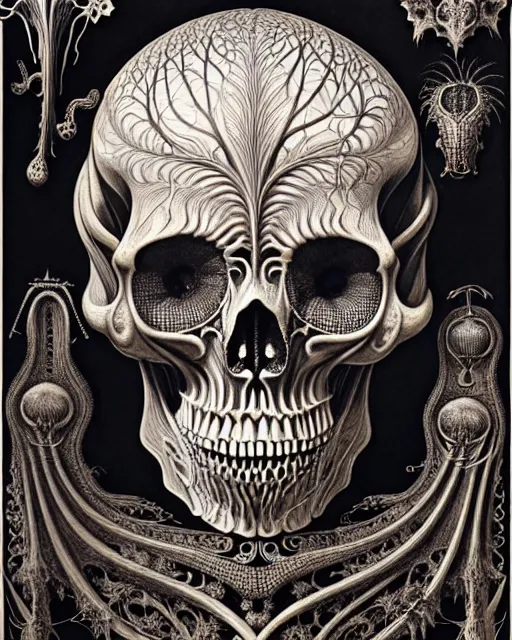 Image similar to art forms of nature by ernst haeckel, memento mori by arthur rackham, ornate antique porcelain beautiful skull mask, ultrasharp, photorealistic, hyperdetailed, octane render, polished, art nouveau, neo - gothic, gothic, intricate ornamental organic filigree, art nouveau botanicals, art forms of nature by ernst haeckel, horizontal symmetry, symbolist, visionary