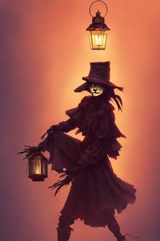 Image similar to portrait of a haunted scarecrow, crow on shoulder, holding a lantern, halloween night, charlie bowater, artgerm, ilya kuvshinov, krenz cushart, ruan jia, realism, ultra detailed, 8 k resolution