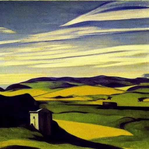 Image similar to landscape of donegal ireland, by edward hopper and giorgio de chirico