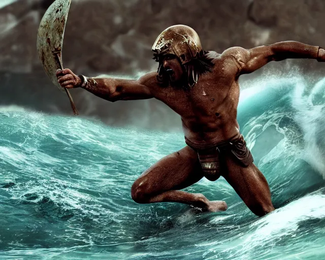 Image similar to single spartan with surfing waves, epic award winning action cinematic still from the movie 3 0 0, 8 k, global illumination, detailed face, muscles, rim highlights, hyper realistic, stunning waves, happy vibes